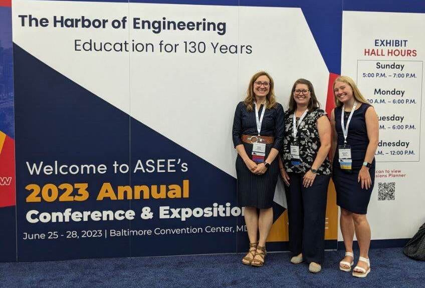 The STEAM x S-L team (Dr. Kathryn Schulte-Grahame, Christiane Amstutz, and Annie Shea) at the ASEE 2023 Annual Conference.